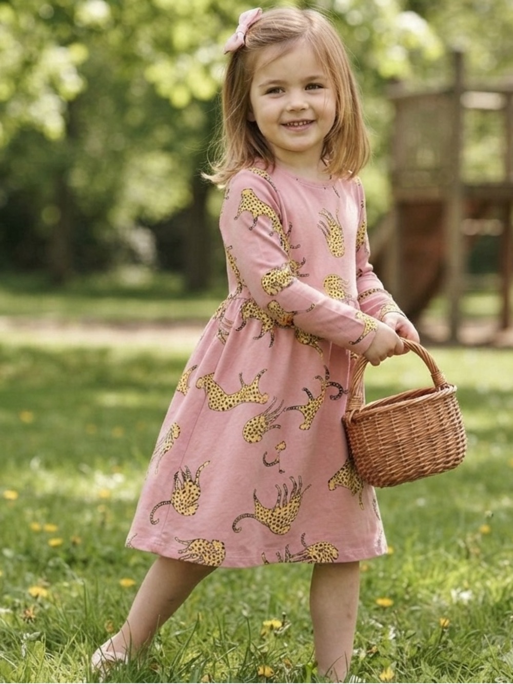 Dot Australia Girls’ Long Sleeves Pink Cheetah Print Dress, size 5  100% Cotton